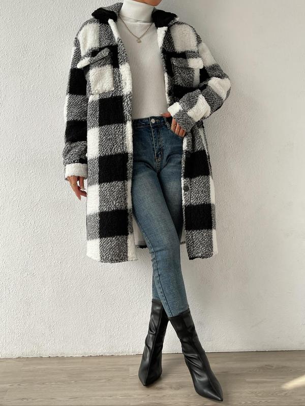 Women's Plaid Print Button Front Flap Pocket Fleece Jacket, Casual Drop Shoulder Long Sleeve Collared Outerwear for Fall & Winter, Ladies Clothes for Daily Wear